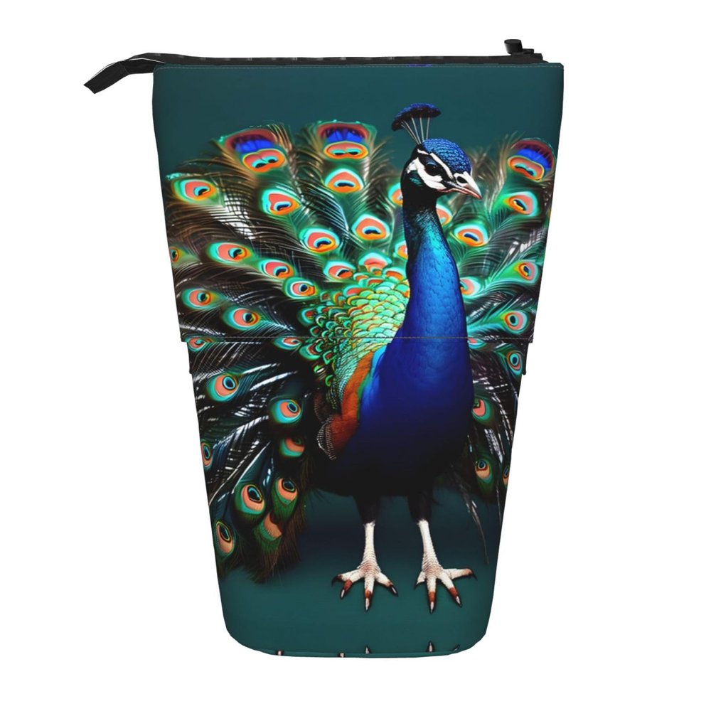 YQxwJL Beautiful Peacock Print Telescopic Pencil Pouch Bag Pop Up Pencil Case Stand Up Pen Holder Cute Pen Bag For Adult