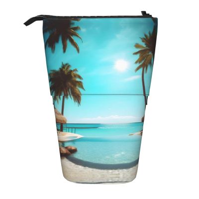 YQxwJL Palm Trees And Clear Sea Print Telescopic Pencil Pouch Bag Pop Up Pencil Case Stand Up Pen Holder Cute Pen Bag For Adult