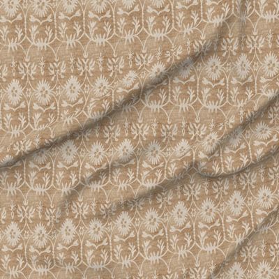 Fabric Rustic Floral Farmhouse Grain Sack Neutral Flowers Tan Taupe Khaki Printed on Performance Linen Fabric by the Yard - High-end Upholstery Linen Fabric Look