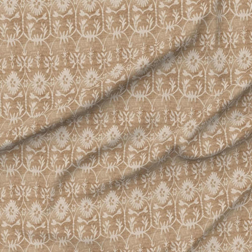 Fabric Rustic Floral Farmhouse Grain Sack Neutral Flowers Tan Taupe Khaki Printed on Performance Linen Fabric by the Yard - High-end Upholstery Linen Fabric Look