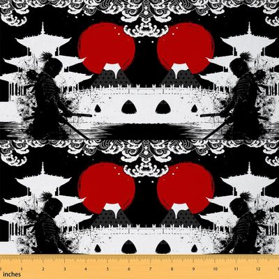 Feelyou Samurai Fabric by The Yard 1 Yard Sunset Soft Flannel Decorative Fabric for Chairs Sofa Red Sun Japanese Wave Home Decor Upholstery Fabric Japanese Ukiyoe Theme DIY Reupholstery Fabric