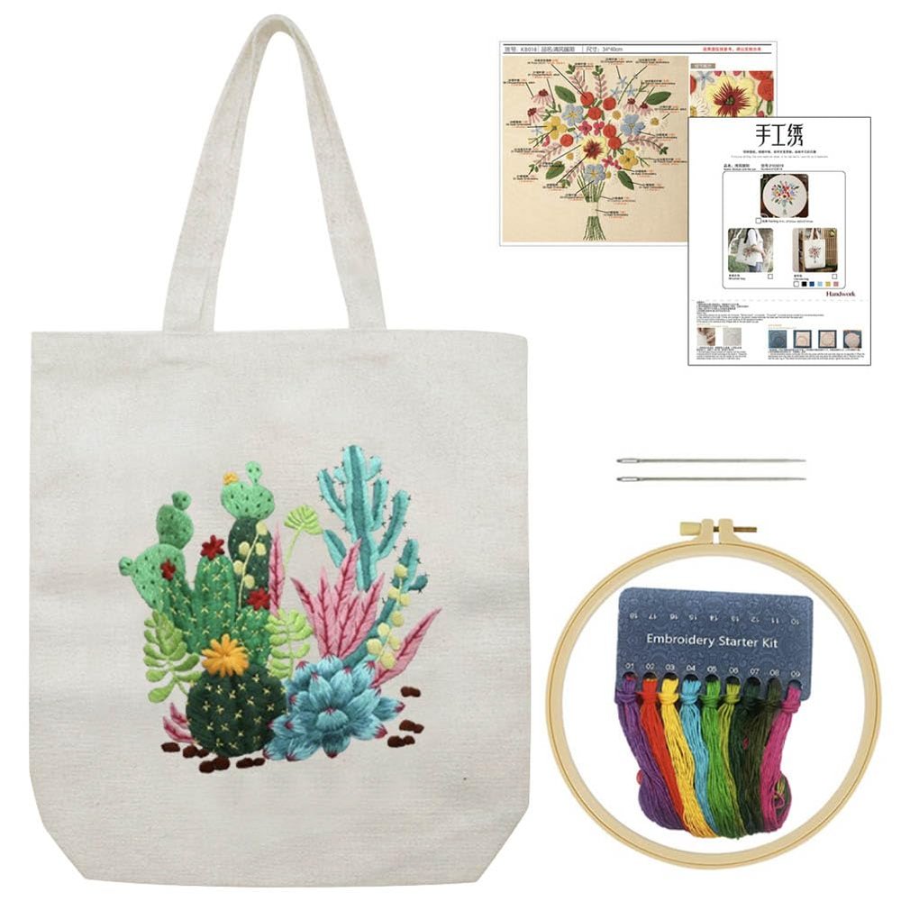 KABAKE Canvas Tote Bag Embroidery Kit for Beginners, Arts and DIY Crafts Starter Kit, Includes Stamped Bag, Threads, Tools (Beige With Cactus)