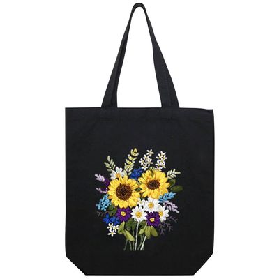 KABAKE Canvas Tote Bag Embroidery Silk Ribbon Kit for Beginners, Arts and DIY Crafts Starter Kit, Includes Stamped Bag, Threads, Tools (Black with Sunflower)