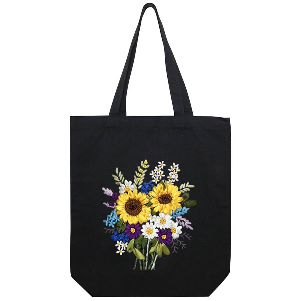 KABAKE Canvas Tote Bag Embroidery Silk Ribbon Kit for Beginners, Arts and DIY Crafts Starter Kit, Includes Stamped Bag, Threads, Tools (Black with Sunflower)
