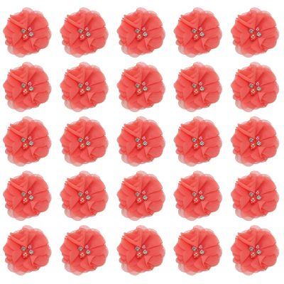 PATIKIL 2" Chiffon Flowers, 30Pcs Fabric Flowers Sewing Appliques Embellishments with Rhinestone Pearl for DIY Crafts Wedding Headbands Party Decoration, Rose Red