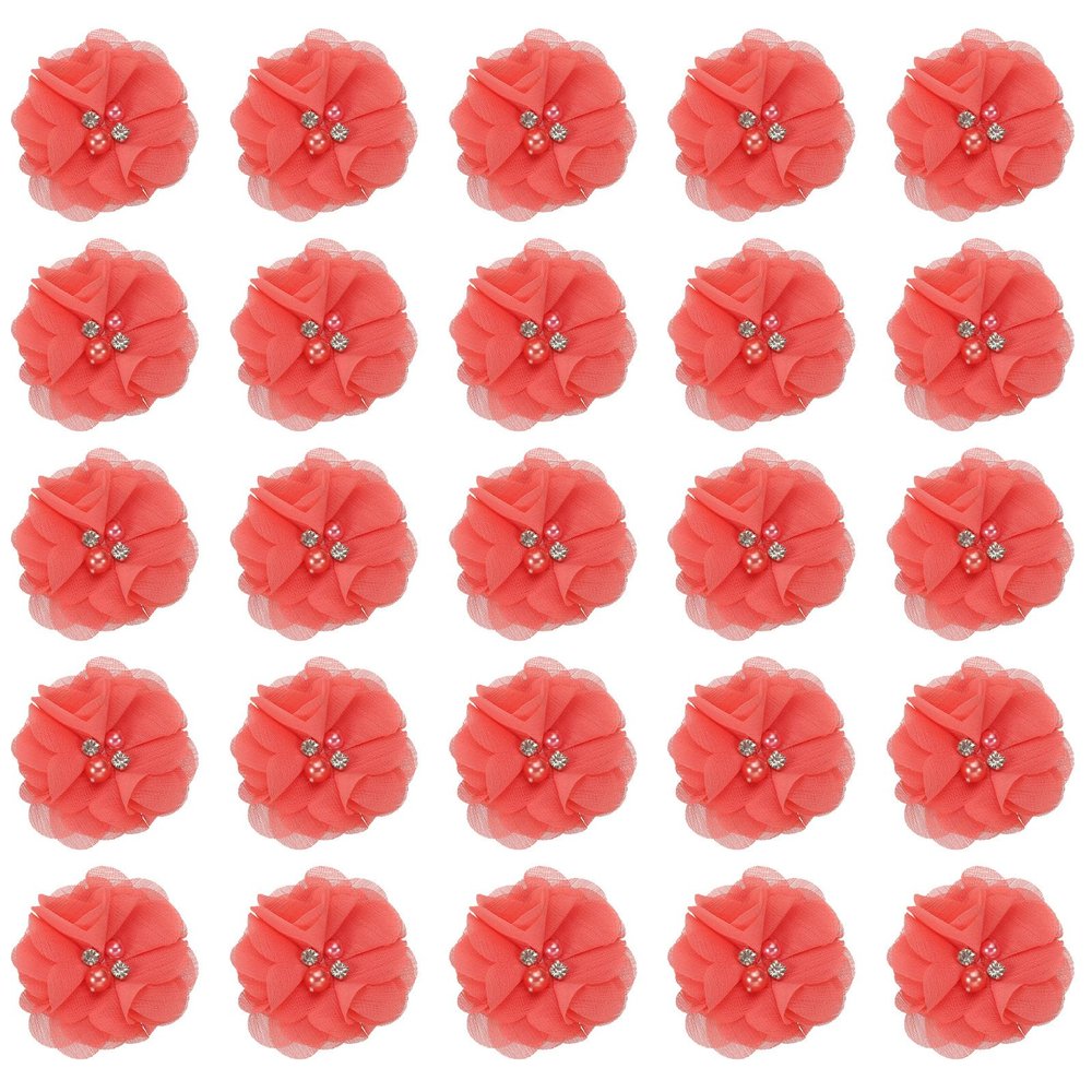 PATIKIL 2" Chiffon Flowers, 30Pcs Fabric Flowers Sewing Appliques Embellishments with Rhinestone Pearl for DIY Crafts Wedding Headbands Party Decoration, Rose Red