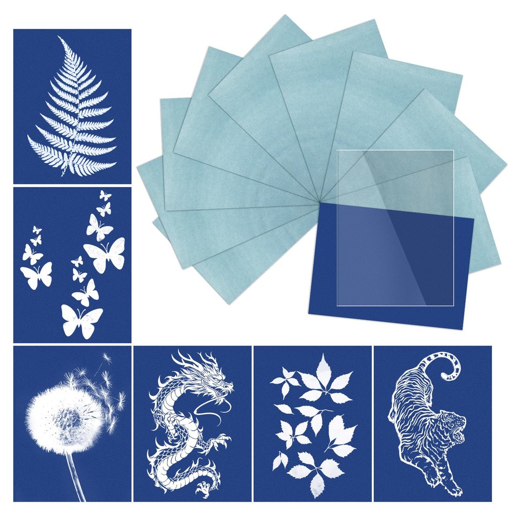 10 Pcs Sun Print Paper Kit Cyanotype Paper, A5 Cyanotype Paper with 1 Sheet Acrylic Panel, High Sensitive Sun/Solar Activated Sun Printing Art Paper Kit for Arts Crafts DIY Project