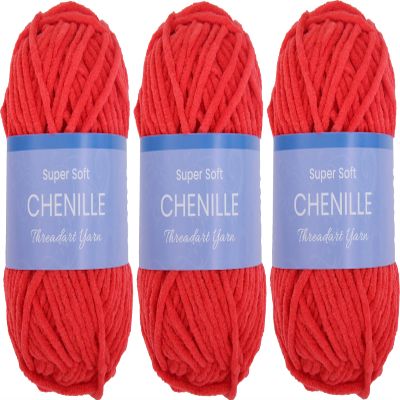 3 Pack ThreadArt Chenille Yarn for Crocheting, Knitting, Amigurumi, Super Soft Plush Velvet Yarn - 50 Gram 60 yds #5 Fluffy Yarn Skeins - Red 05