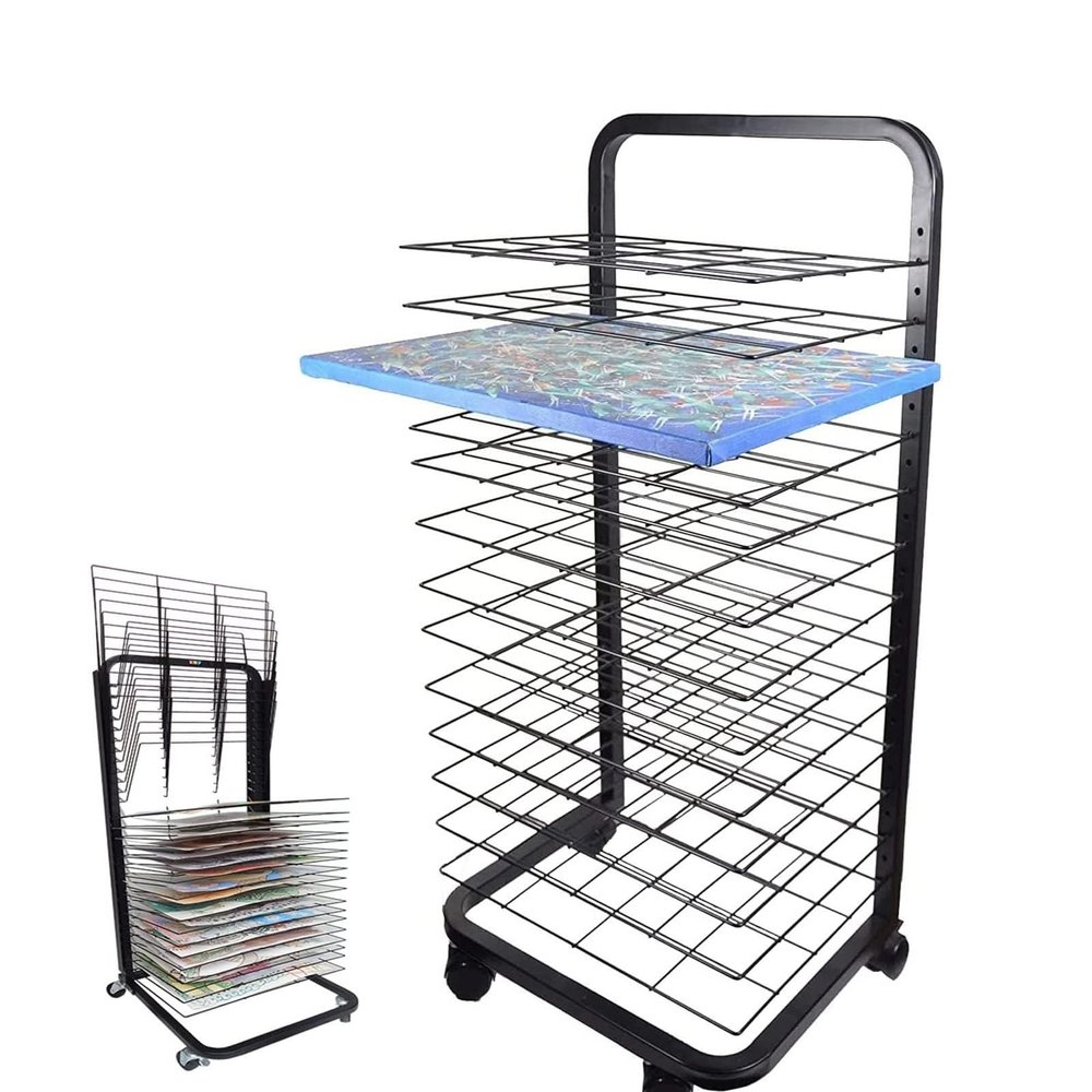 THEGA Mobile Paint Drying Rack - Artwork Storage Display Rack, Keep Artwork Protected While Drying, Space Saving Rack, Sturdy Paint Drying Rack with Lockable Wheels Art Organizer for Kids, 20 floors