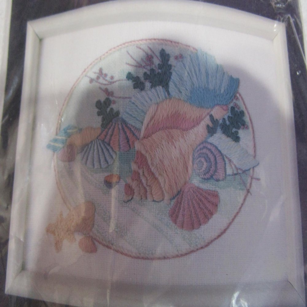 From the Heart Pastel Shells Crewel Embroidery Kit, 7 inches by 5 inches