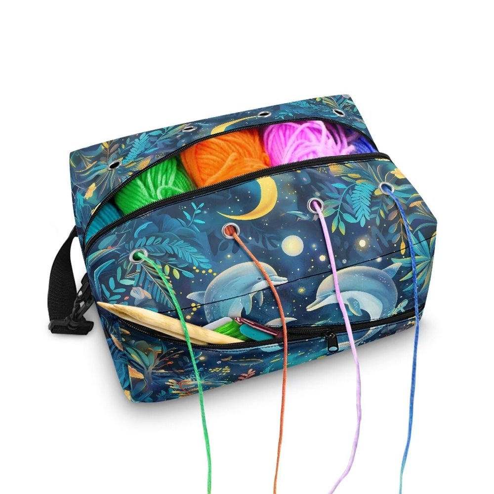 Kathyboom Moon Whale Knitting Bag for Yarn Storage Durable Crochet Storage Bag, Large Capacity Yarn Bag for Knitting Needles, Crochet Hooks and Other Accessories