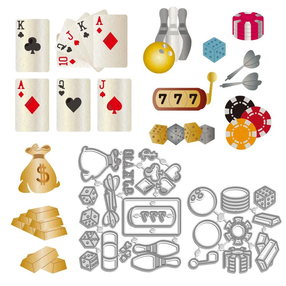 WADORN 2Pcs Poker Dice Dart Carbon Steel Cutting Dies Stencils, Bowling Money Pocket Pattern Metal Cut Die Stencils for DIY Scrapbooking Photo Album Decor Embossing Template for Greeting Card Making
