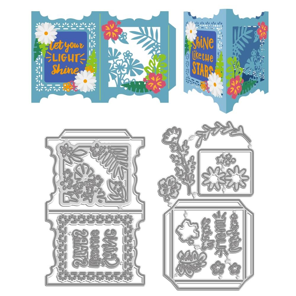 WADORN 2Pcs Lantern Box Card Cutting Dies Stencils, Flower Greeting Card with Words Cut Die Stencils for DIY Scrapbooking Photo Album Decor Embossing Template