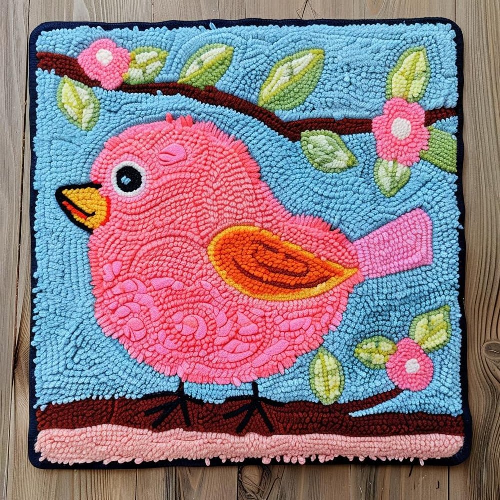 NineTribe Basics Cartoon Red Bird Latch Hook Rug Kit for Kids Beginner Easy Little Mat with Printed Canvas DIY Hook Making Crochet Yarn Craft Tapestry for Decoration and Gift 12x12inch, As Main Picture