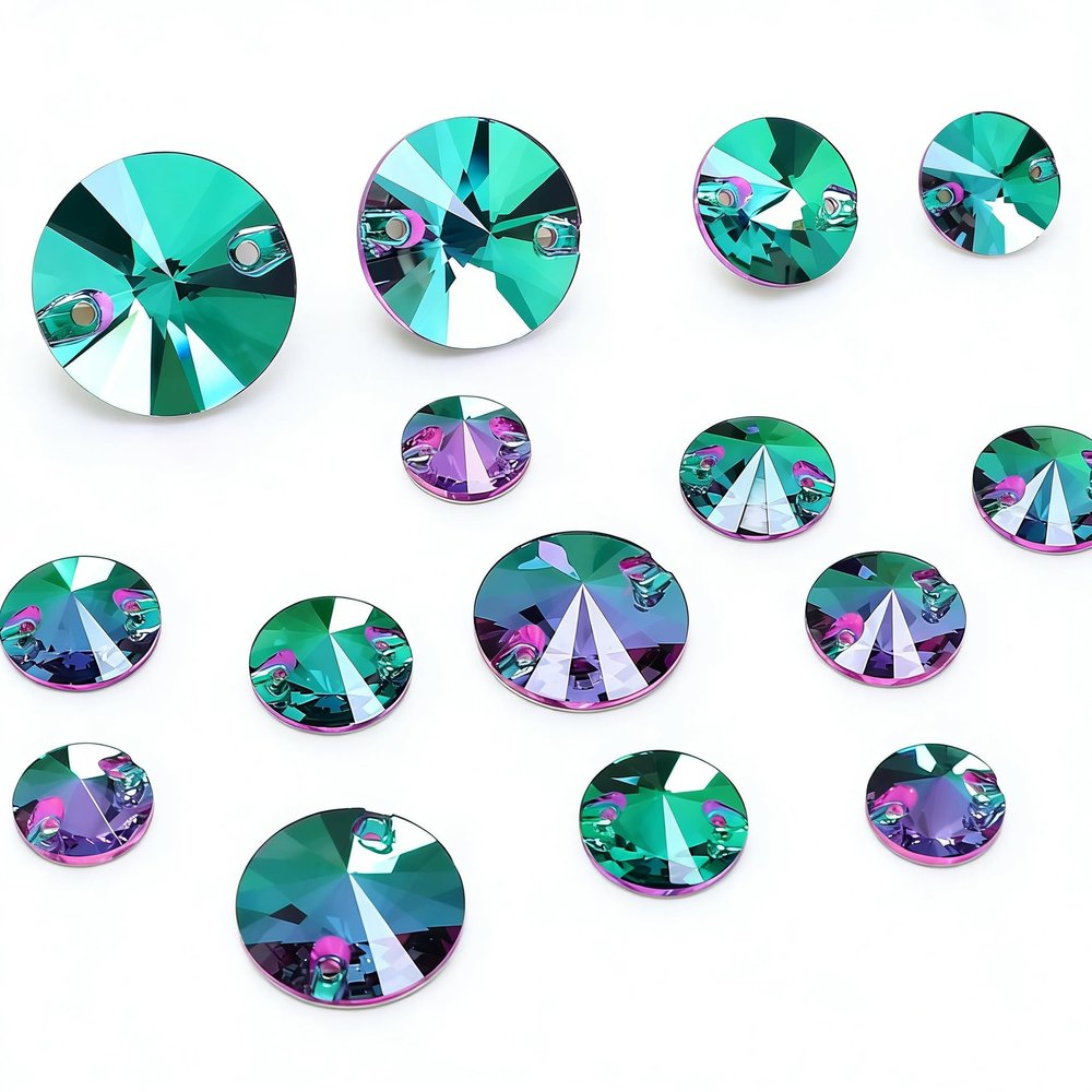 JINJIAO Sew On Rhinestone,Round Shape Flatback Sew On Crystal Mixed Size Sewing Gems with Holes for Clothes Shoes Costume Garment DIY CraftsGreen