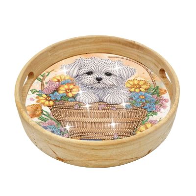 DIY Diamond Serving Tray Round Handmade Diamond Art Painting Wooden Breakfast Tray with Handles Dinner Plate for Coffee Living Room Home Organizer Diameter 21.5cm-White Puppy-Small