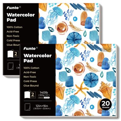 Funto Watercolor Pad, 2Packs, 12x9, 20 Sheets Each, 140lb/300gsm, 100% Cotton, Cold Press, Glue Bound, Easy Tear Heavyweight Art Paper for Painting