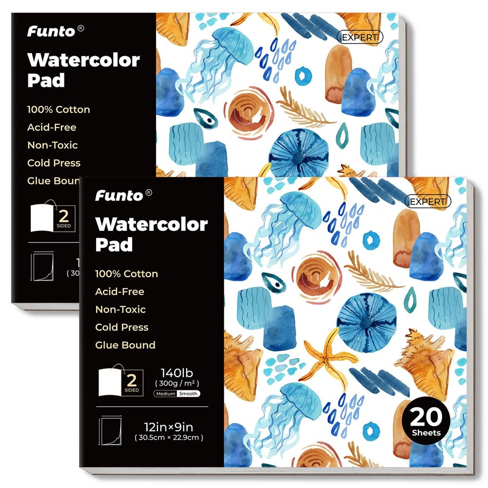 Funto Watercolor Pad, 2Packs, 12x9, 20 Sheets Each, 140lb/300gsm, 100% Cotton, Cold Press, Glue Bound, Easy Tear Heavyweight Art Paper for Painting