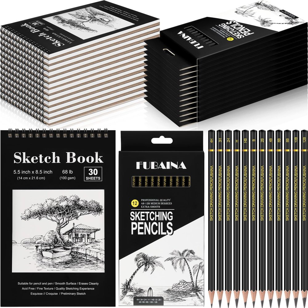 Humyoun 36 Pcs Top Spiral Bound Sketch Pad with Drawing Pencils Set, 5.5 x 8.5 Inch Sketchbook, 68lb(100gsm) Thick Paper, Charcoal & Graphite Pencils (12B-4H) for Shading, Artists & Beginners