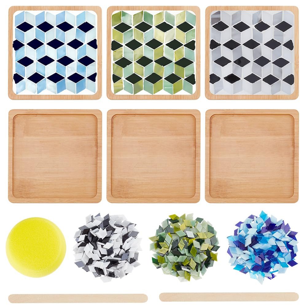 WEBEEDY 3 Sets Rhombus Mosaic Tiles Coaster Kit DIY Mosaic Bamboo Coaster Kits Mosaics Coaster Making Kit with Instruction,Rhombus Mosaic Kits with Coaster for Adults Handmade Home Decor