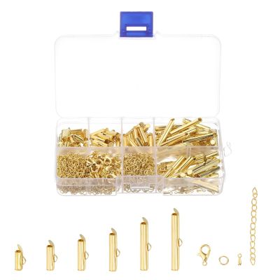 uxcell 120Pcs Slide on End Clasps, 10/13/16/20/25/30mm Tube Ball Bead Slider Crimp Ends for Multi-Strand DIY Craft Making, Gold Tone
