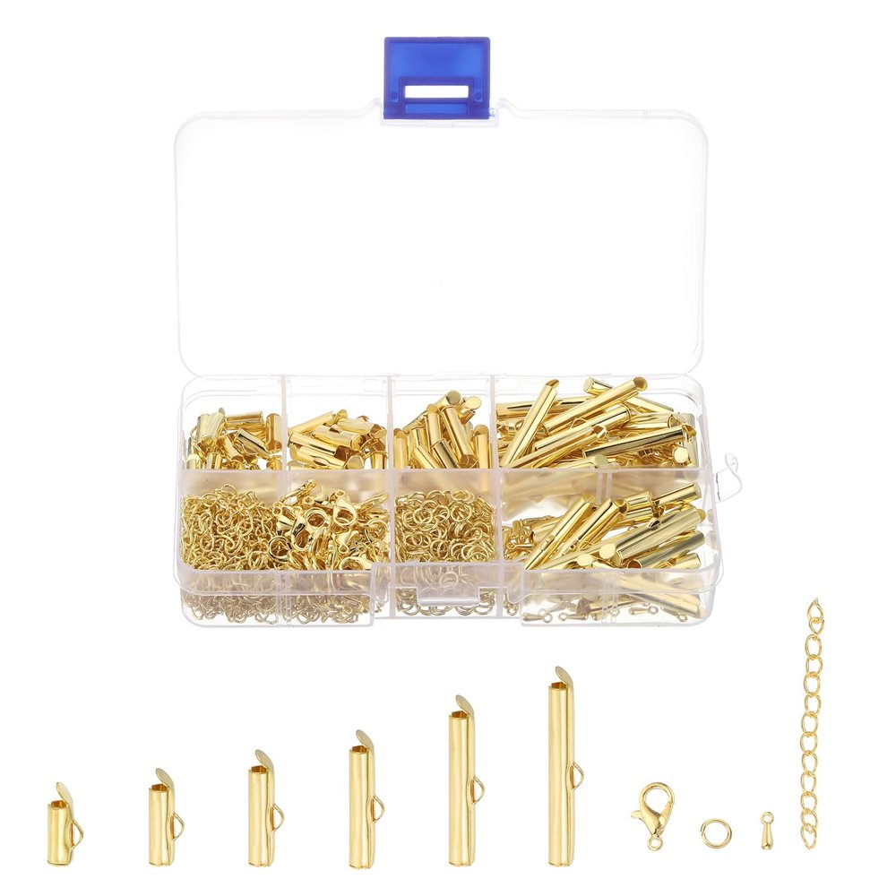 uxcell 120Pcs Slide on End Clasps, 10/13/16/20/25/30mm Tube Ball Bead Slider Crimp Ends for Multi-Strand DIY Craft Making, Gold Tone