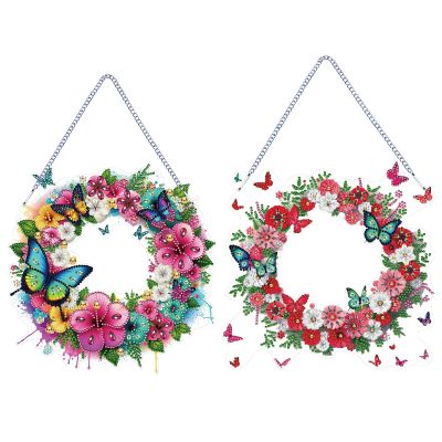 2Pcs DIY Hanging Diamond Garland Pendant Special Shaped Crystal Diamond Art Painting Ornament Single Sided Diamond Wreath for Window Home Garden Wall Door Decor-Flower02