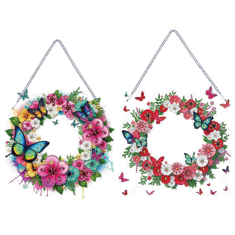 2Pcs DIY Hanging Diamond Garland Pendant Special Shaped Crystal Diamond Art Painting Ornament Single Sided Diamond Wreath for Window Home Garden Wall Door Decor-Flower02