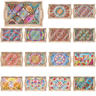 NineTribe Basics 15Pcs DIY Diamond Serving Tray Rectangular Upgrade Increase Breakfast Tray with Handles Handmade Diamond Art Painting Wooden Tray Dinner Plate for Coffee Living Room Home Organizer