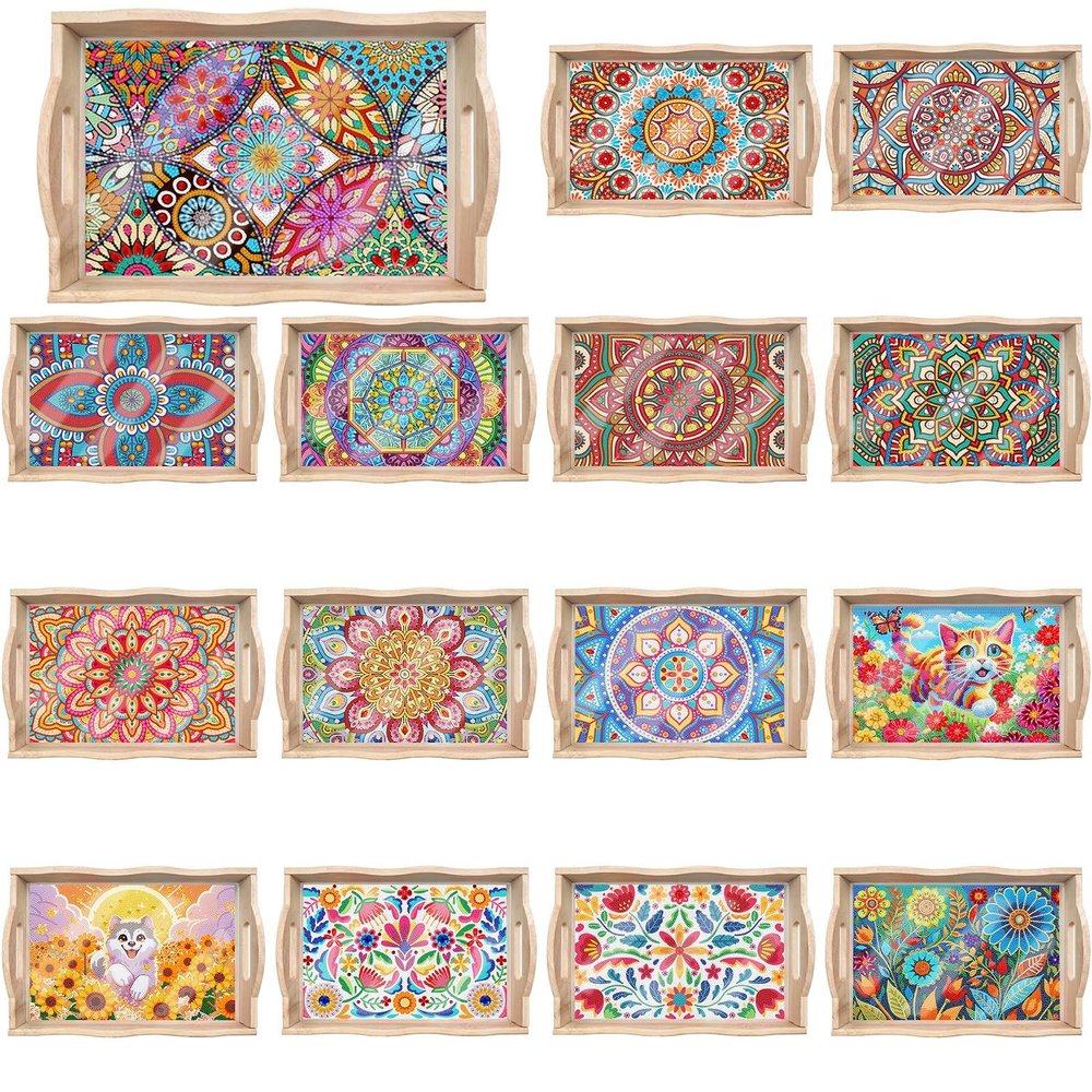 NineTribe Basics 15Pcs DIY Diamond Serving Tray Rectangular Upgrade Increase Breakfast Tray with Handles Handmade Diamond Art Painting Wooden Tray Dinner Plate for Coffee Living Room Home Organizer