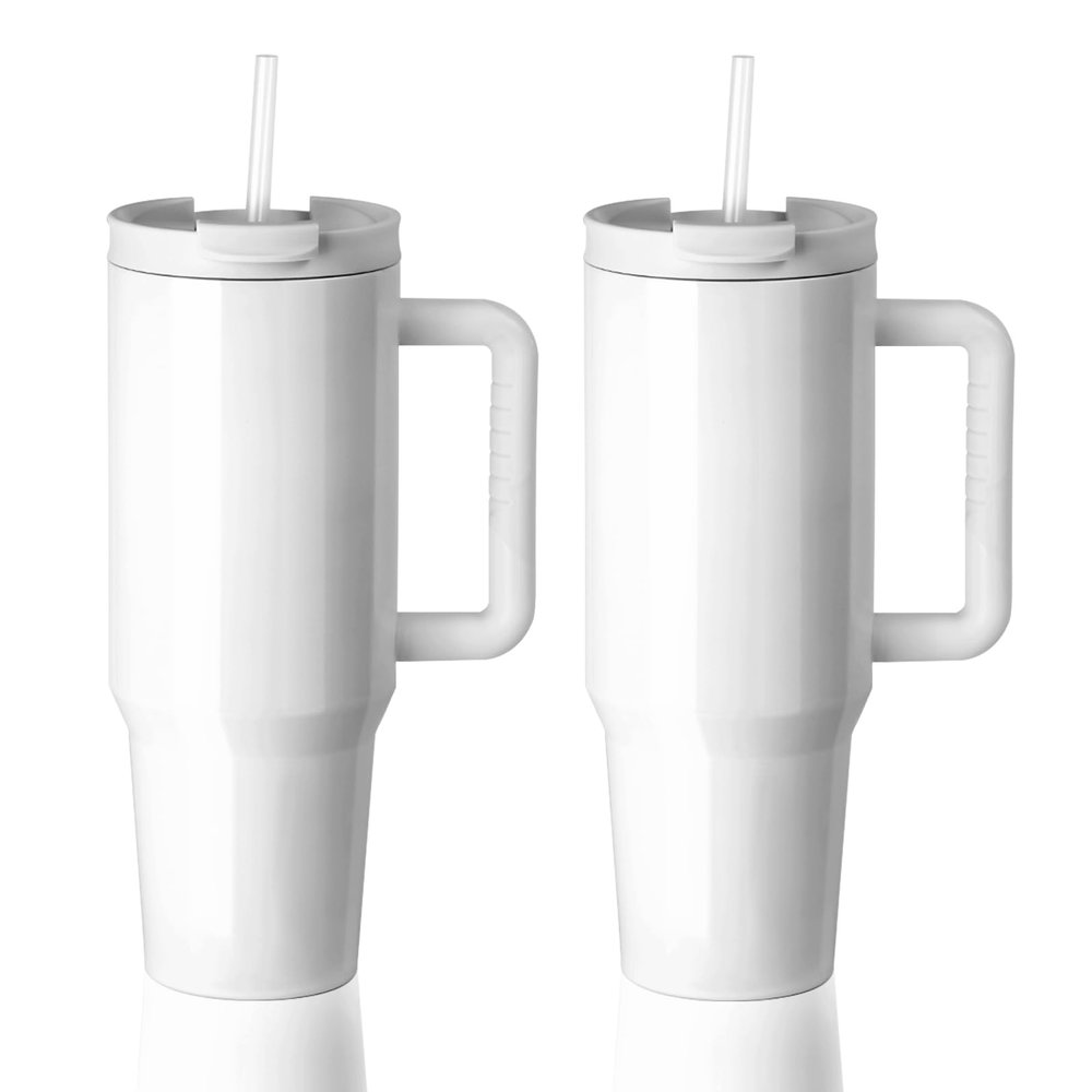 PYD Life 2 Pack 40 OZ Sublimation Tumblers with Handle White Blanks Stainless Steel Cups Mugs with Lid and Plastic Straw for Sublimation Oven Tumbler Heat Press Printing
