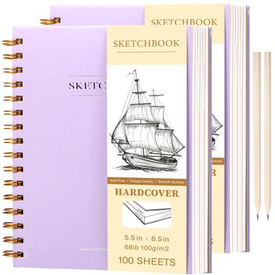 2 Pack Sketch Book Small Sketchbook for Drawing 100 Sheets Hardcover Spiral Sketch Pad for Kids 5.5" x 8.5" Art Sketchbook Drawing Blank Paper Book for Beginner Artist with Pencil