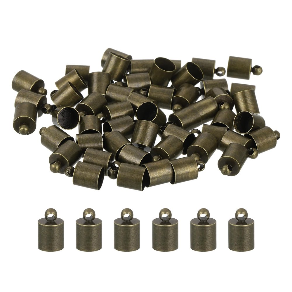 uxcell 50Pcs Leather Cord End Caps, 7mm OD Column Barrel Terminators for DIY Making Leather Bracelets Tassels, Bronze Tone