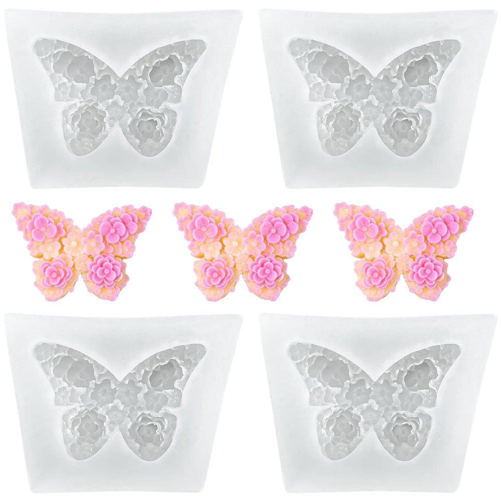 4 Pcs Flower Butterfly Silicone Molds Floral Epoxy Resin Molds 3D Butterfly Candle Molds Scented Plaster Soap Clay Wax Molds for DIY Crafts Candle Making