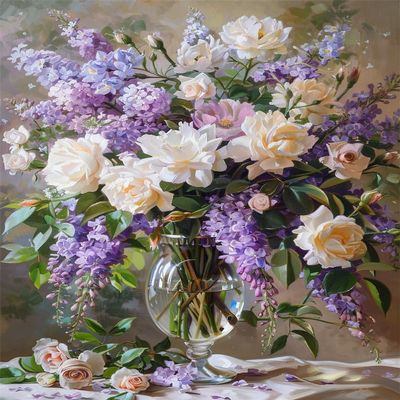 Walluminati Cross Stitch Kits Stamped Full Range of Embroidery Starter Kits for Beginners DIY 11CT 3 Strands(Purple Flower Bouquet,16x20inch)