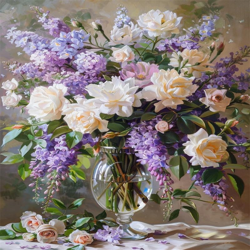 Walluminati Cross Stitch Kits Stamped Full Range of Embroidery Starter Kits for Beginners DIY 11CT 3 Strands(Purple Flower Bouquet,16x20inch)