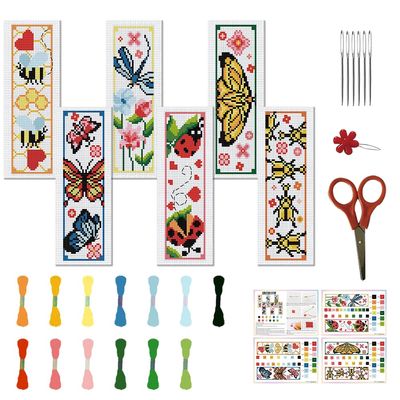 FREEBLOSS 6 Set Insect Cross Stitch Bookmark Stamped Cross Stitch Kit with Garden Insect Patterns Embroidery Kit with Instruction DIY Bookmark Kit for Gift Adults 8.67''x3''