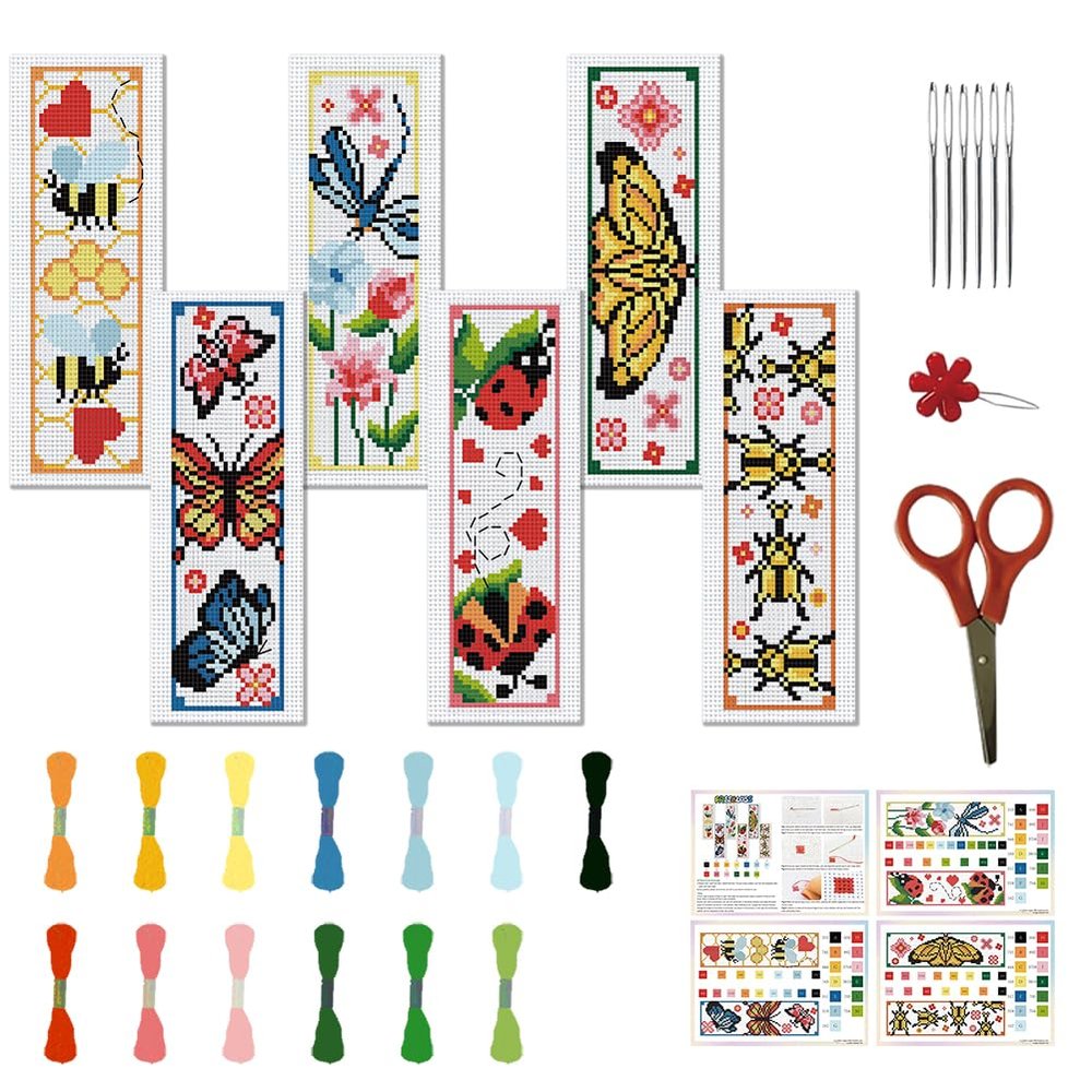 FREEBLOSS 6 Set Insect Cross Stitch Bookmark Stamped Cross Stitch Kit with Garden Insect Patterns Embroidery Kit with Instruction DIY Bookmark Kit for Gift Adults 8.67''x3''