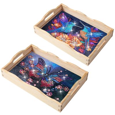ARTopet 2Pcs DIY Diamond Tray Diamond Art Painting Creative Design Handmade Wooden Tray Dinner Plate Diamond Art for Coffee Living Room Home Organizer