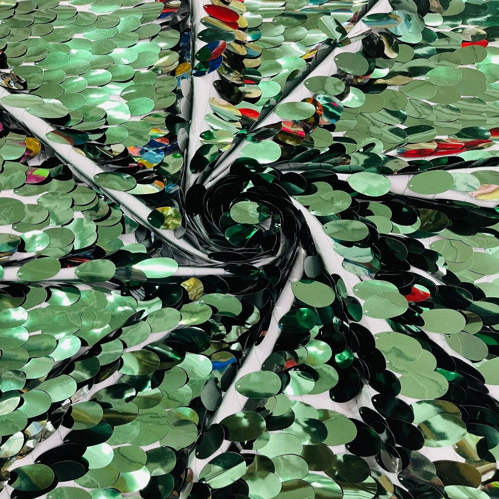 Backdrop King Inc, Jumbo Sequins Oval Sequin Paillette/Tear Drop Mermaid Big Sequins Fabric Mesh/ 54 Inches Wide (Hunter Green On Green)