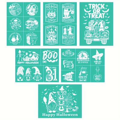 DGAGA 6PCS Halloween Silk Screen Stencils Reusable Skull Self Adhesive Chalk Mesh Stencil Trick or Treat Silkscreen Transfers for Painting on Wood,Craft,DIY Screenprinting Starter Kit for Chalk Paste