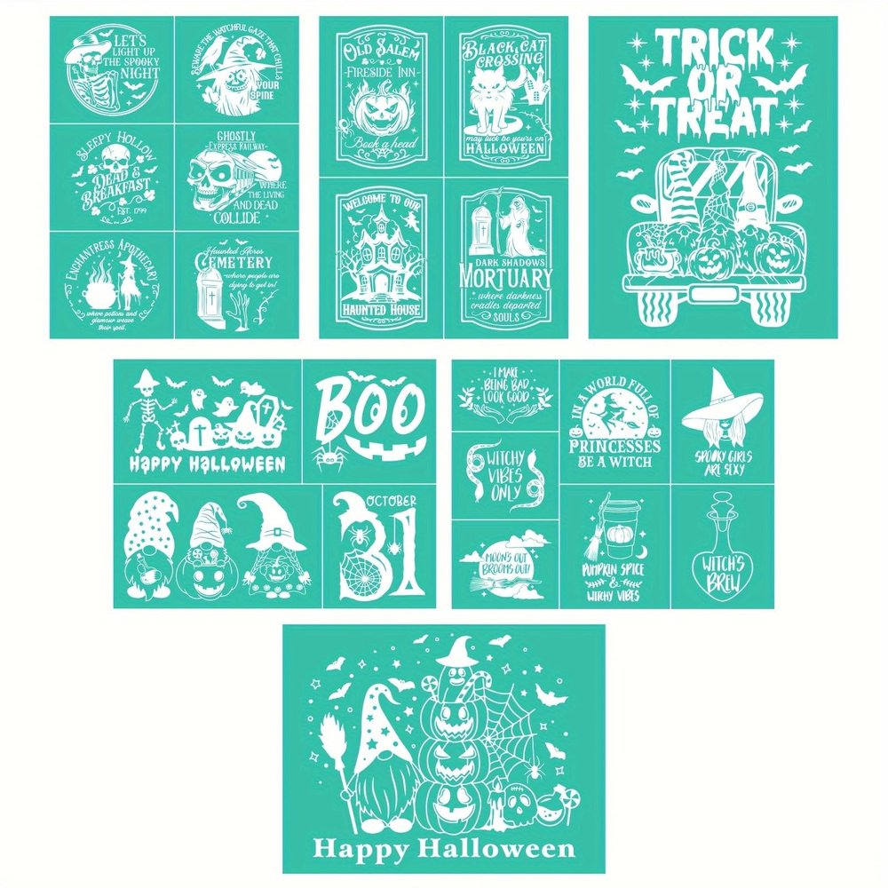 DGAGA 6PCS Halloween Silk Screen Stencils Reusable Skull Self Adhesive Chalk Mesh Stencil Trick or Treat Silkscreen Transfers for Painting on Wood,Craft,DIY Screenprinting Starter Kit for Chalk Paste