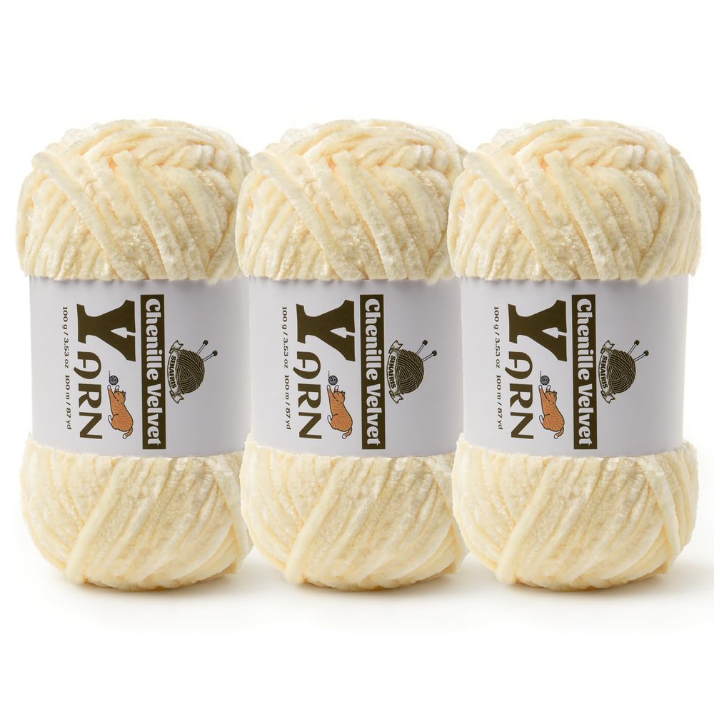 3 Pack Plush Chenille Chunky Yarn - Fluffy Velvet Yarn Crochet for Blanket Knitting and Crocheting - Soft Baby Yarns for Crocheting - Amigurumi Crochet Yarns 100g (87yds) (3 Milky White)