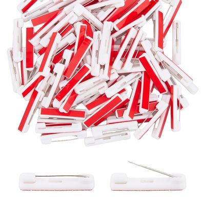 Hobbspring 100Pcs Safety Pin Bar Pins, White Plastic, Iron, Self-Adhesive, Flat Back, 1.22inch