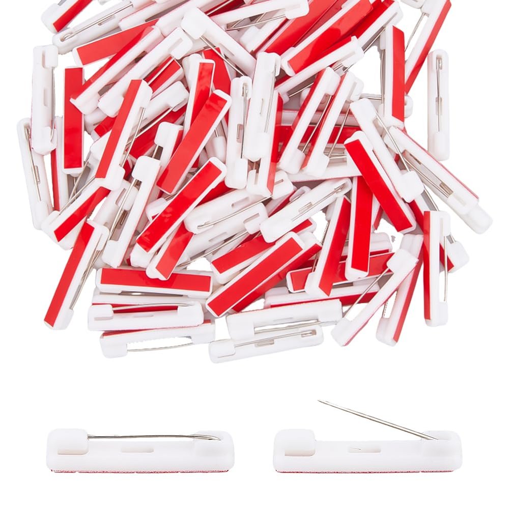 Hobbspring 100Pcs Safety Pin Bar Pins, White Plastic, Iron, Self-Adhesive, Flat Back, 1.22inch