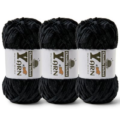 3 Pack Plush Chenille Chunky Yarn - Fluffy Velvet Yarn Crochet for Blanket Knitting and Crocheting - Soft Baby Yarns for Crocheting - Amigurumi Crochet Yarns 100g (87yds) (3 Black)