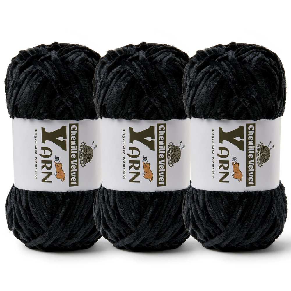 3 Pack Plush Chenille Chunky Yarn - Fluffy Velvet Yarn Crochet for Blanket Knitting and Crocheting - Soft Baby Yarns for Crocheting - Amigurumi Crochet Yarns 100g (87yds) (3 Black)