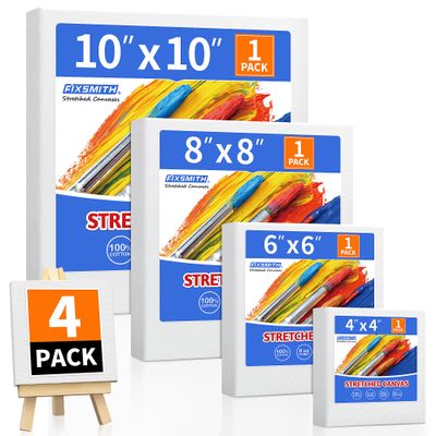FIXSMITH Stretched Canvas for Painting, 4"x4", 6"x6", 8"x8", 10"x10", Pack of 4, Pre-Primed Canvases Wood Framed Canvas Boards for Oil Acrylic Paint, Acid-Free Painting Canvas for Kids &Artists