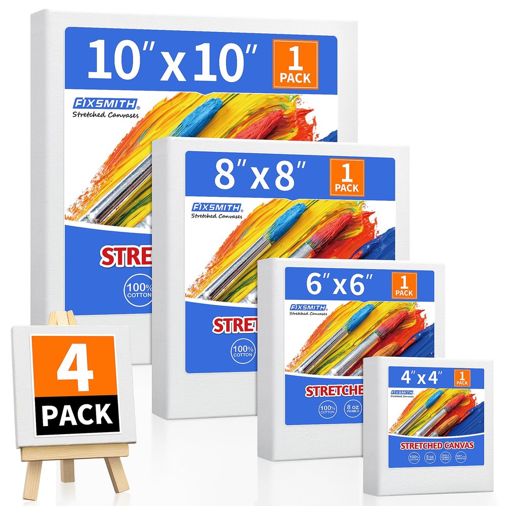 FIXSMITH Stretched Canvas for Painting, 4"x4", 6"x6", 8"x8", 10"x10", Pack of 4, Pre-Primed Canvases Wood Framed Canvas Boards for Oil Acrylic Paint, Acid-Free Painting Canvas for Kids &Artists