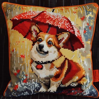 Kitquiver Latch Hook Kits Dog with Umbrella Latch Hook Cushion Kits Corgi Animal Cover Latch Hook Pillow Cover DIY Pillowcase Kit Adults Pillowcase Craft Kits with Printed Canvas 43x43cm, 564S261T
